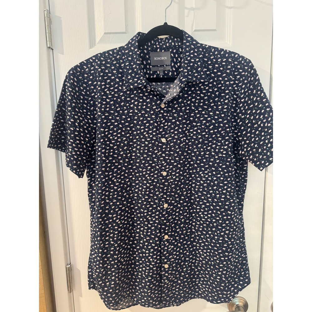 Bonobos Mens Slim Fit Short Sleeve Floral Button Down Shirt Navy Blue Large L
